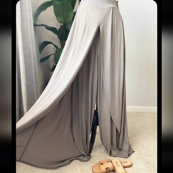 Entro Wide Leg Split Leg Pants Taupe Tan High Rise Boho Beach Neutral Stretch L - Picture 1 of 7